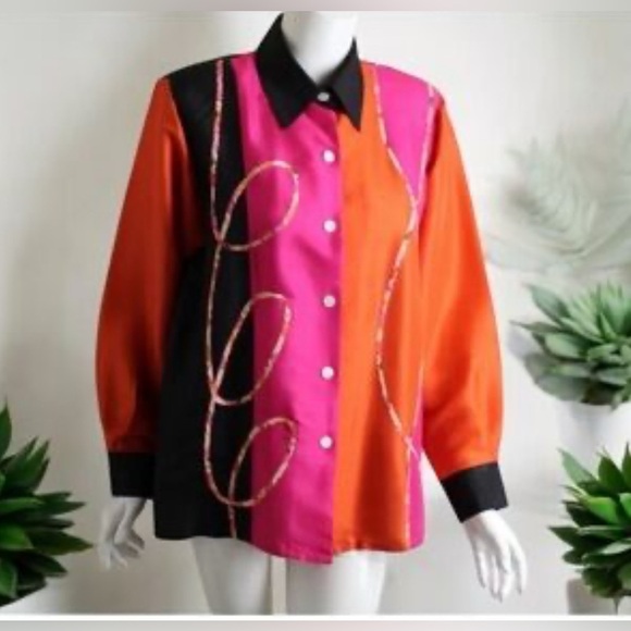 KOOS of course! Colorblock Button Front Nubby Silk Blouse plus size 1X - Picture 2 of 6